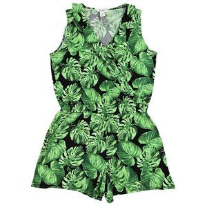 White House Black Market Green Tropical Palm Leaf Liquid Knit Romper Beachy